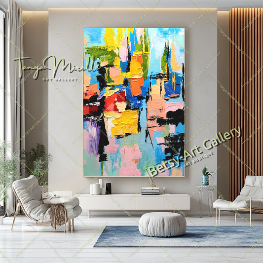 Grandes peintures abstraites pour le salon, peinture à l'huile impasto sur toile, art mural moderne coloré, peinture unique