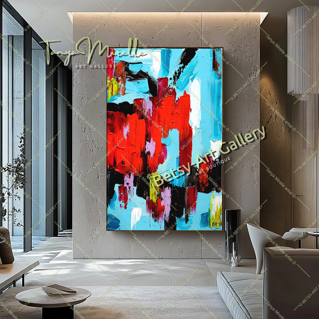 Red Blue Abstract Impasto Oil Painting on Canvas