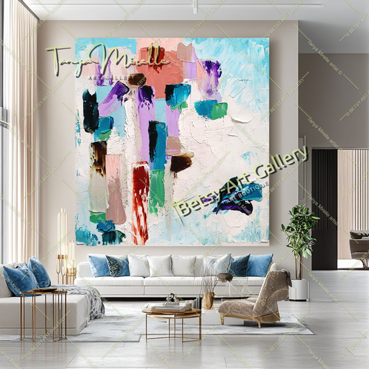 EXTRA LARGE Peinture à l’huile d’empâtement abstraite bleu clair sur toile / Pas de cadre