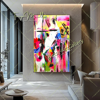 GRANDE peinture à l'huile abstraite moderne, rose vif et rouge, sur toile, pour salon