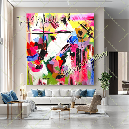 GRANDE peinture à l'huile abstraite moderne, rose vif et rouge, sur toile, pour salon