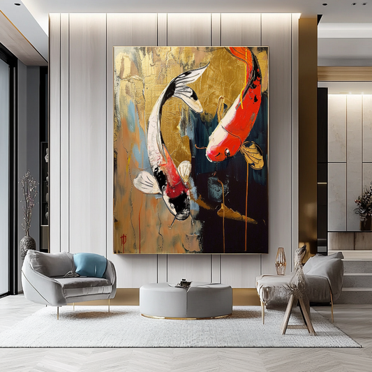 Abstract Koi Fish Impasto Oil Painting – Modern Textured Canvas Art for Living Room