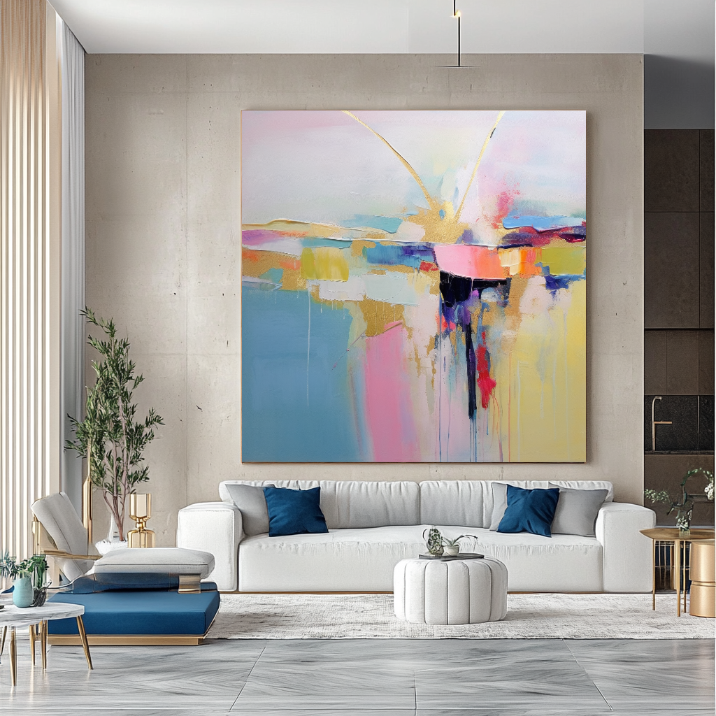 Pastel Blue Abstract Art - Modern Impasto Oil Painting on Canvas for Living Room, Office, Hotel