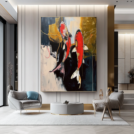 Abstract Koi Fish Impasto Oil Painting – Modern Textured Canvas Art for Living Room