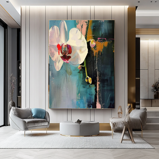 White Orchid Abstract Impasto Oil Painting – Modern Textured Canvas Art for Living Room