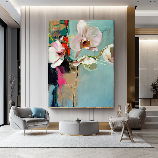 White Orchid Abstract Impasto Oil Painting – Modern Textured Canvas Art for Living Room