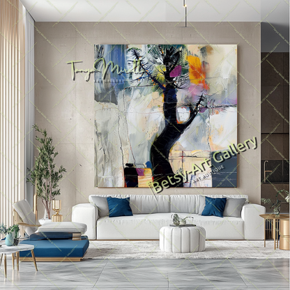 Abstract Tree Painting on Canvas – Large Modern Wall Art #142