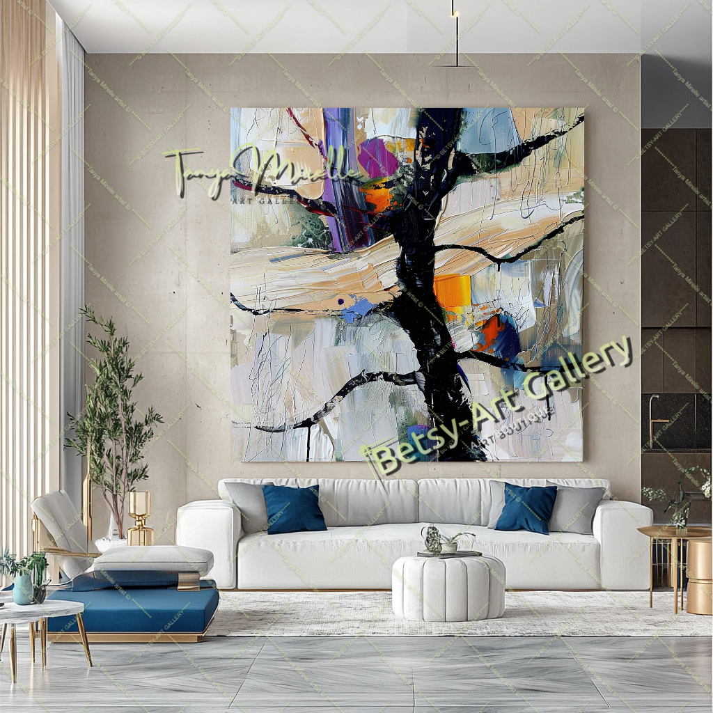 Abstract Tree Painting on Canvas – Large Modern Wall Art #143 – Large – Oil on Canvas – {{ product.title }} canvas artwork by Tanya Mirelle – modern wall decor – original artwork for home, living room, office, or gallery – original artwork by BETSY-ART GALLERY