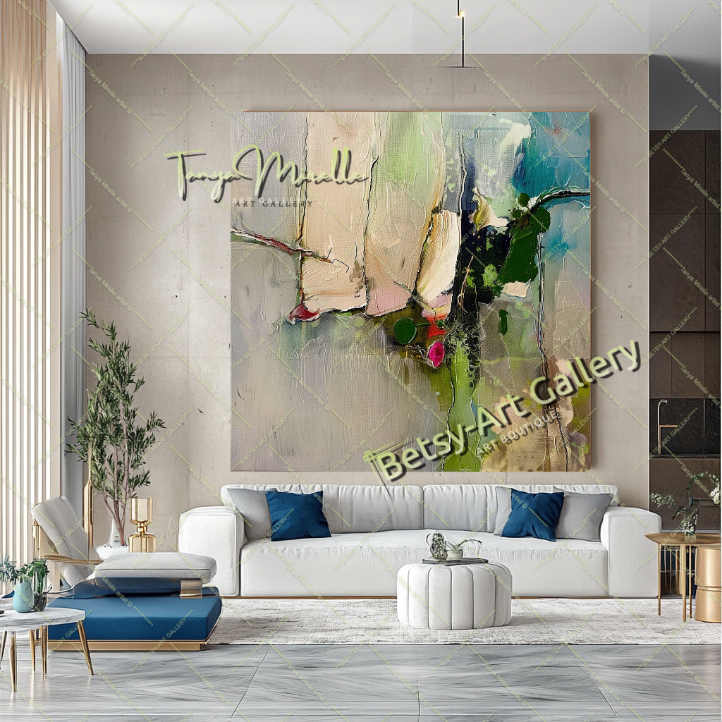 Green Beige Abstract Painting – Large Modern Wall Art #147 – Large – Oil on Canvas – {{ product.title }} canvas artwork by Tanya Mirelle – modern wall decor – original artwork for home, living room, office, or gallery – original artwork by BETSY-ART GALLERY