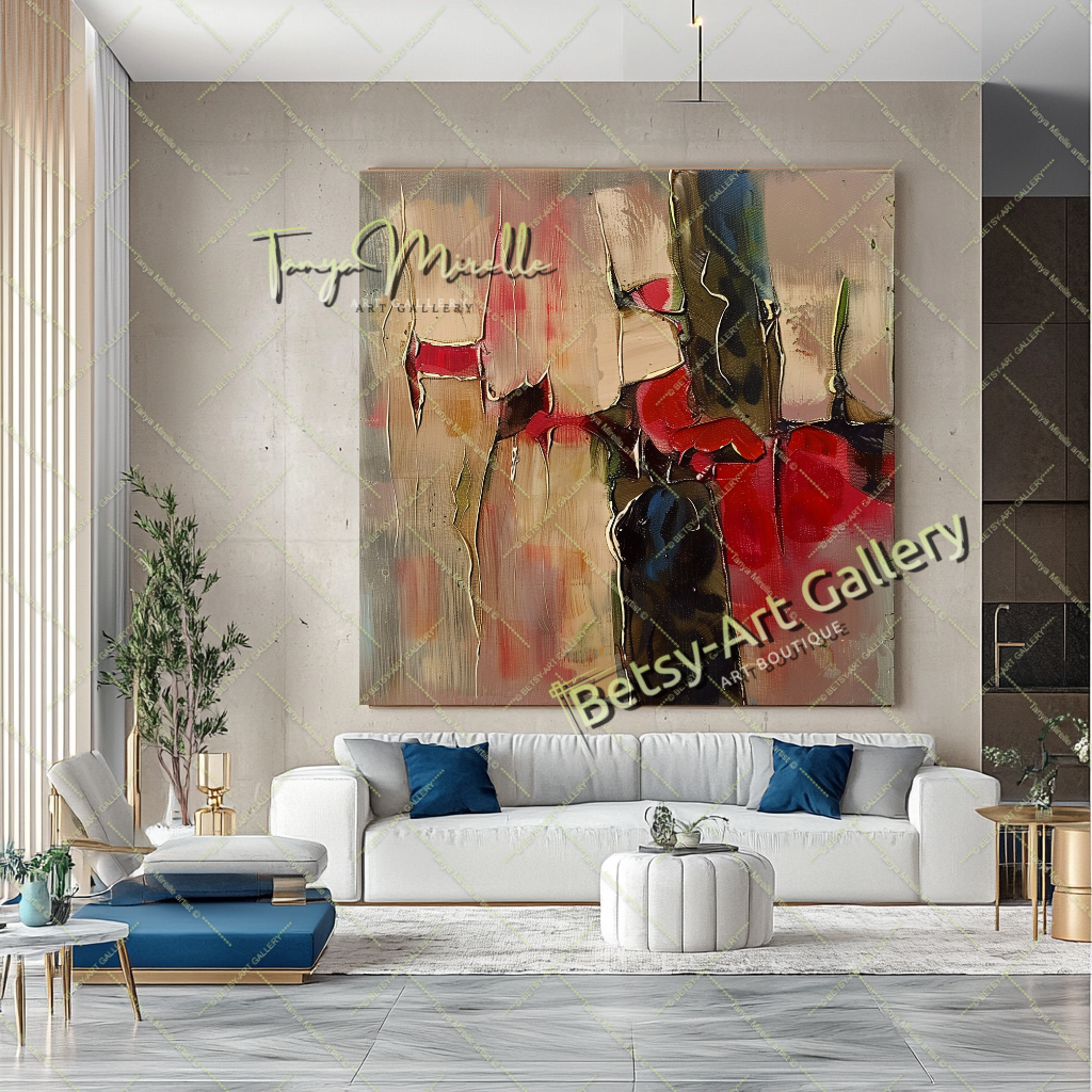 Bold Red Abstract Painting – Large Modern Wall Art #151 – Large – Oil on Canvas – {{ product.title }} canvas artwork by Tanya Mirelle – modern wall decor – original artwork for home, living room, office, or gallery – original artwork by BETSY-ART GALLERY