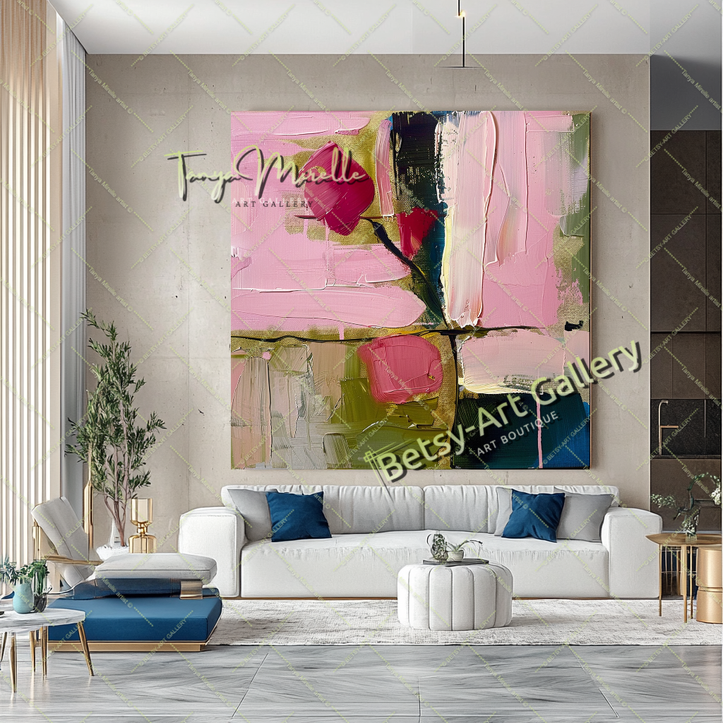 Pink Rosa Abstract Painting – Modern Floral Wall Art #152 – Large – Oil on Canvas – {{ product.title }} canvas artwork by Tanya Mirelle – modern wall decor – original artwork for home, living room, office, or gallery – original artwork by BETSY-ART GALLERY