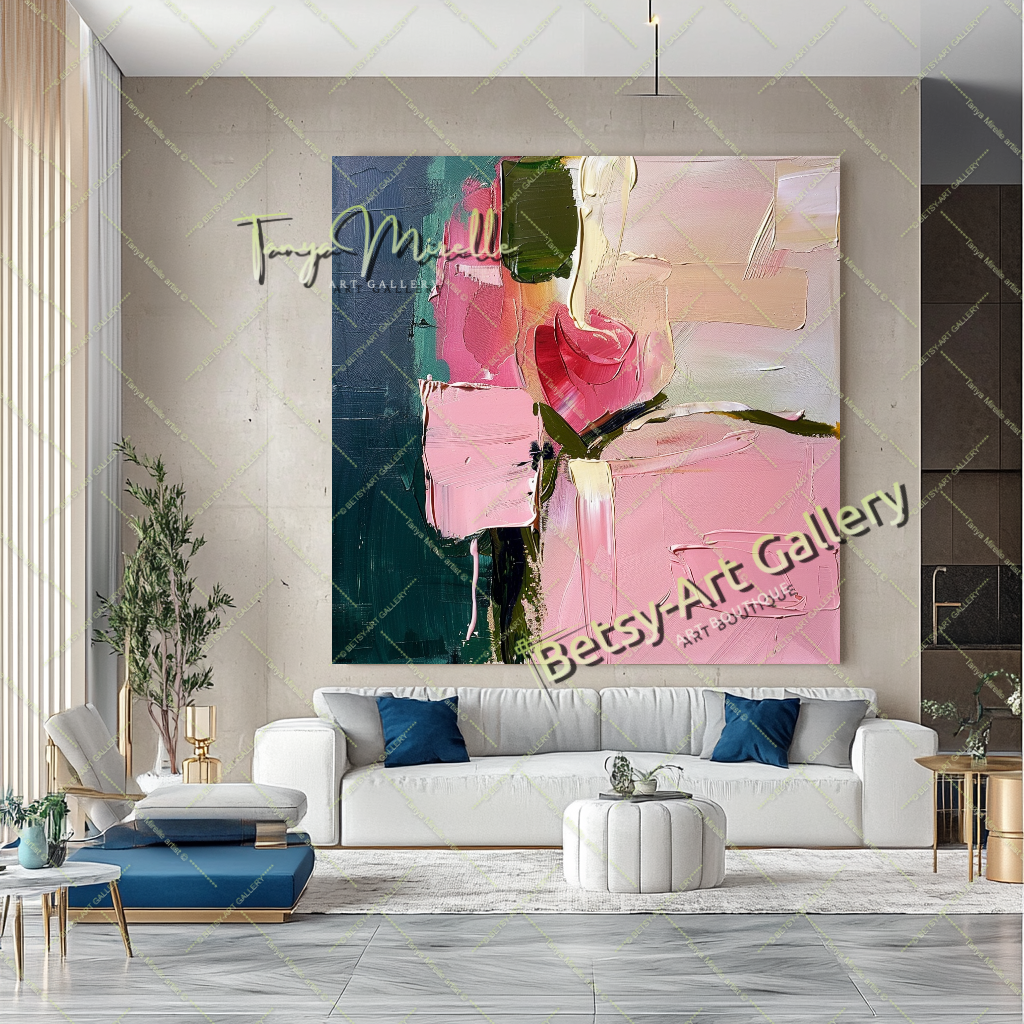 Pink Rosa Abstract Painting – Modern Floral Wall Art #152 – Large – Oil on Canvas – {{ product.title }} canvas artwork by Tanya Mirelle – modern wall decor – original artwork for home, living room, office, or gallery – original artwork by BETSY-ART GALLERY