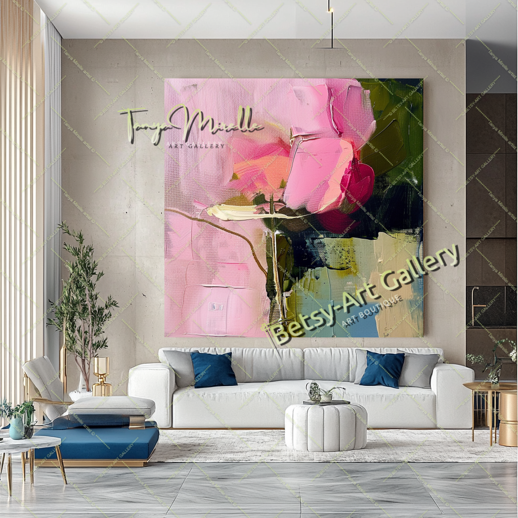 Pink Rosa Abstract Painting – Modern Floral Wall Art #152 – Large – Oil on Canvas – {{ product.title }} canvas artwork by Tanya Mirelle – modern wall decor – original artwork for home, living room, office, or gallery – original artwork by BETSY-ART GALLERY