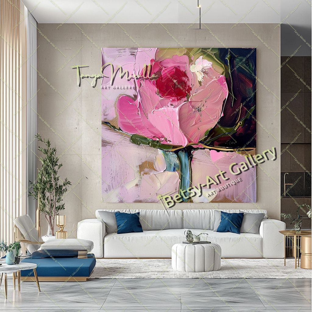 Pink Rosa Abstract Painting – Modern Floral Wall Art #153 – Large – Oil on Canvas – {{ product.title }} canvas artwork by Tanya Mirelle – modern wall decor – original artwork for home, living room, office, or gallery – original artwork by BETSY-ART GALLERY