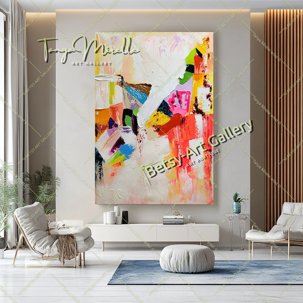 GRANDE œuvre d'art abstraite moderne, peinture à l'huile colorée sur toile, art contemporain vibrant pour le salon