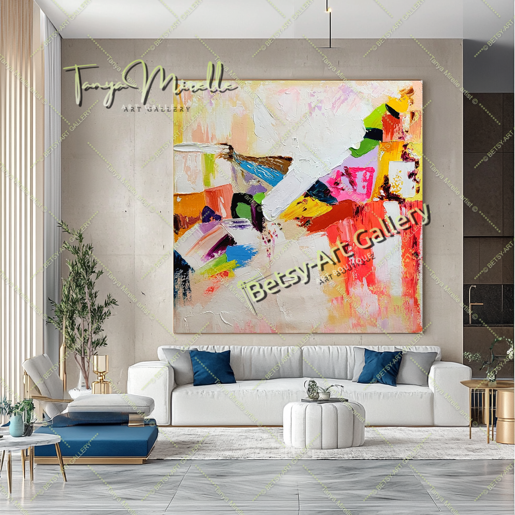 GRANDE œuvre d'art abstraite moderne, peinture à l'huile colorée sur toile, art contemporain vibrant pour le salon