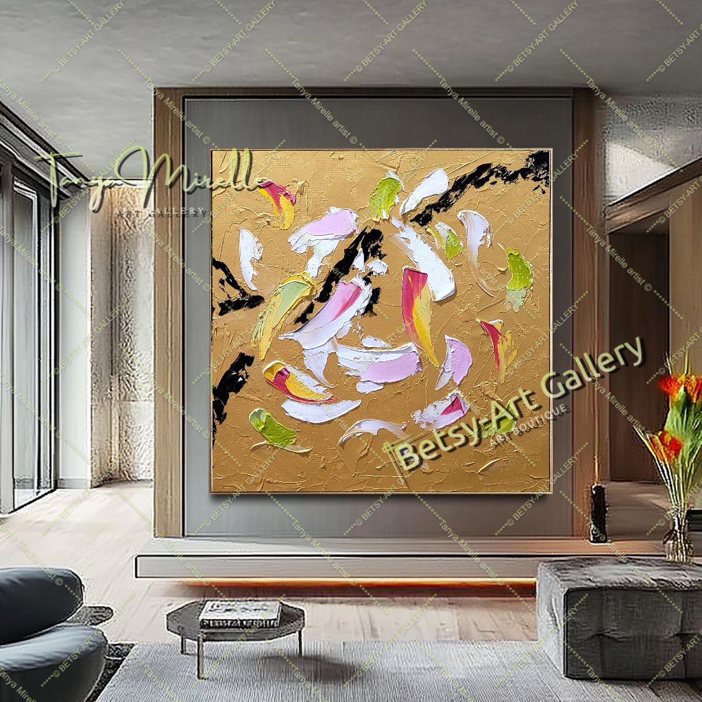 Art abstrait moderne en or, peinture à l'huile impasto sur toile, art mural texturé pour le salon