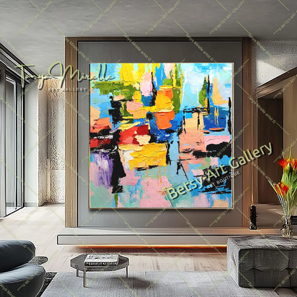 Grandes peintures abstraites pour le salon, peinture à l'huile impasto sur toile, art mural moderne coloré, peinture unique