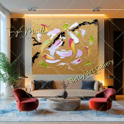 Art abstrait moderne en or, peinture à l'huile impasto sur toile, art mural texturé pour le salon