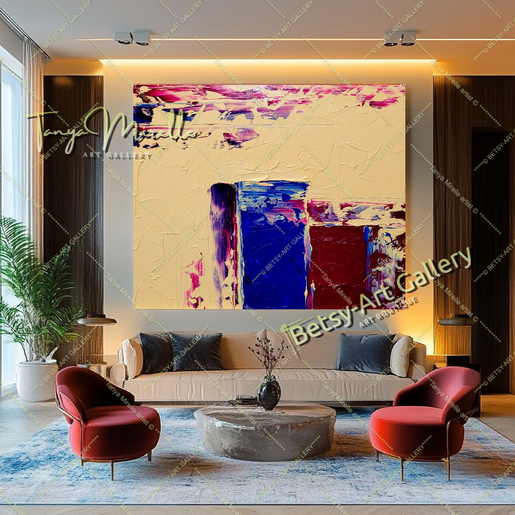 GRANDE peinture à l'huile impasto sur toile, art minimaliste géométrique, décoration d'art contemporain aux couleurs vives