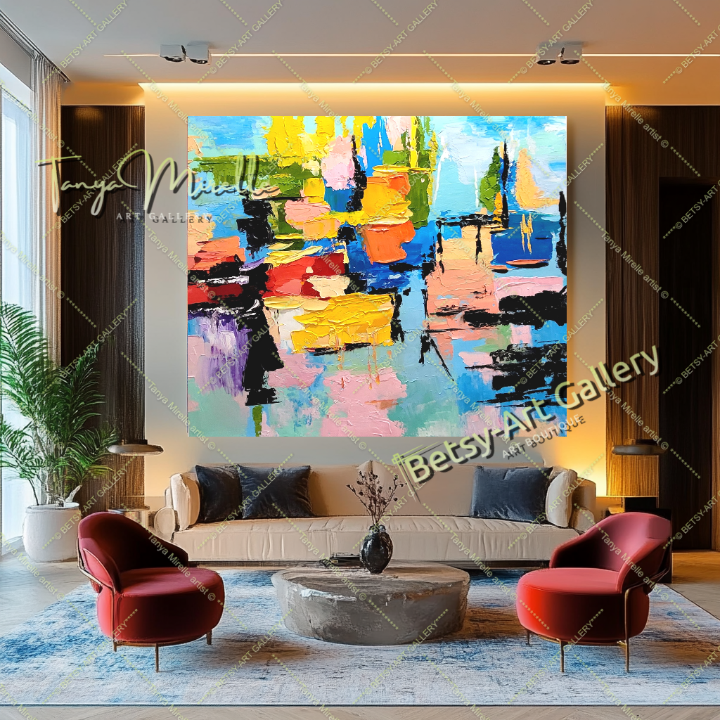 Grandes peintures abstraites pour le salon, peinture à l'huile impasto sur toile, art mural moderne coloré, peinture unique