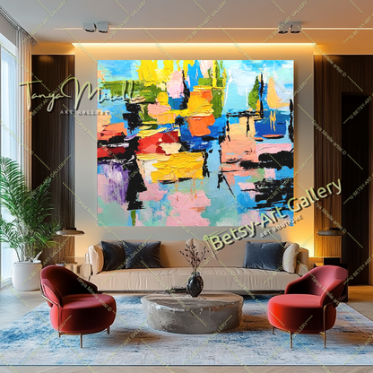 Grandes peintures abstraites pour le salon, peinture à l'huile impasto sur toile, art mural moderne coloré, peinture unique