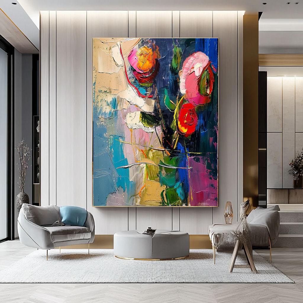 Floral Abstract Impasto Oil Painting on Canvas - Vibrant Modern Wall Art for Living room