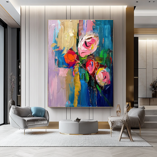 Floral Abstract Impasto Oil Painting on Canvas - Vibrant Modern Wall Art for Living room