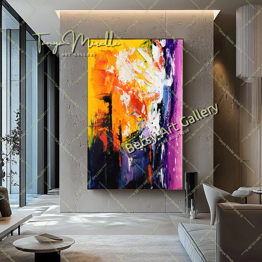 Explosion radieuse - Grande peinture acrylique abstraite moderne sur toile, art mural texturé coloré