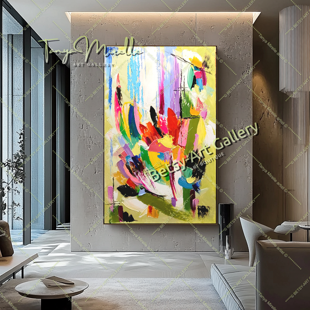 Peinture à l'huile abstraite vibrante sur toile - Œuvre d'art texturée moderne - Originale faite à la main pour le salon