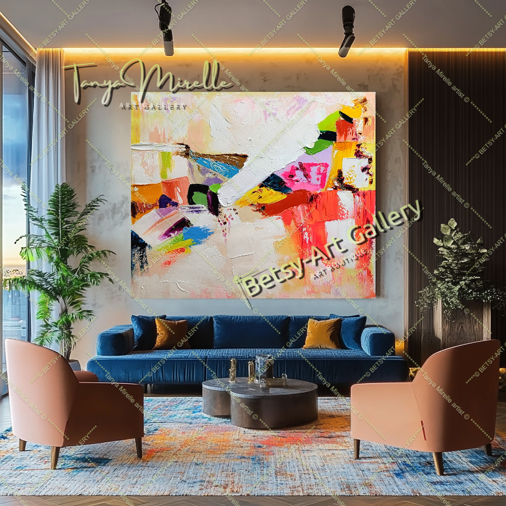 GRANDE œuvre d'art abstraite moderne, peinture à l'huile colorée sur toile, art contemporain vibrant pour le salon
