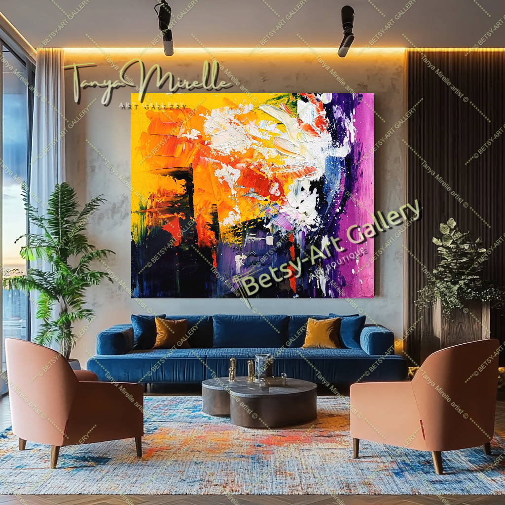 Explosion radieuse - Grande peinture acrylique abstraite moderne sur toile, art mural texturé coloré