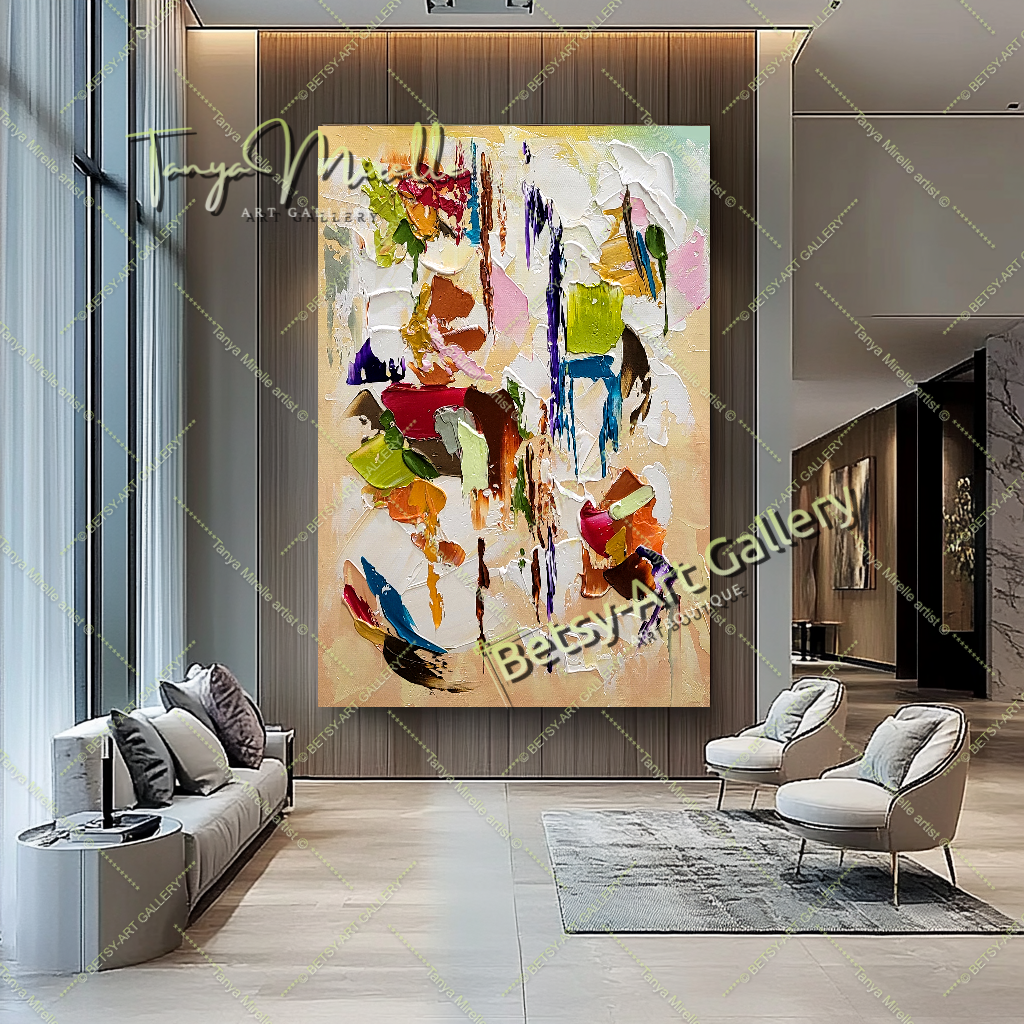 Modern Abstract Painting for Living Room - Colorful Oil Impasto Wall Art on Canvas