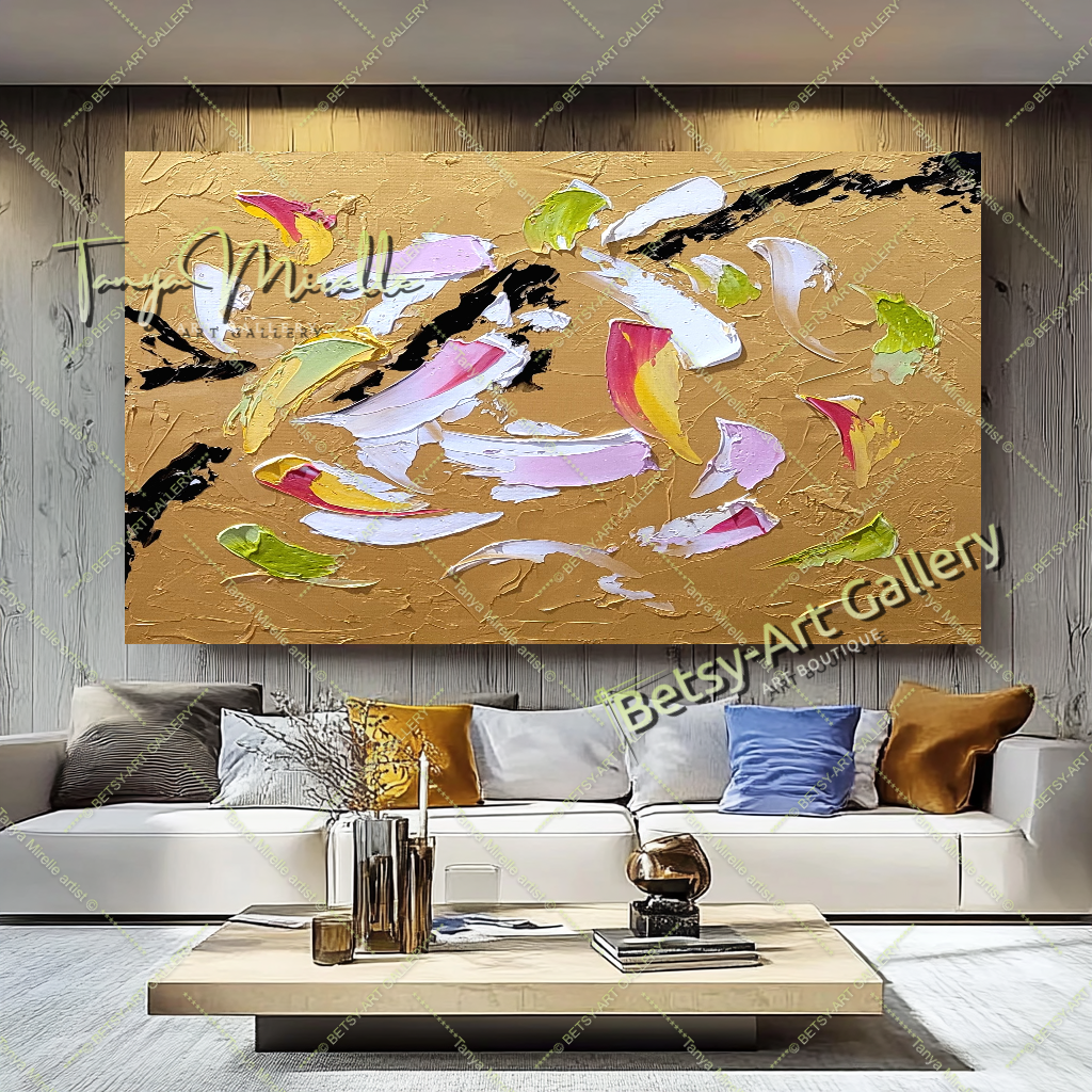 Art abstrait moderne en or, peinture à l'huile impasto sur toile, art mural texturé pour le salon