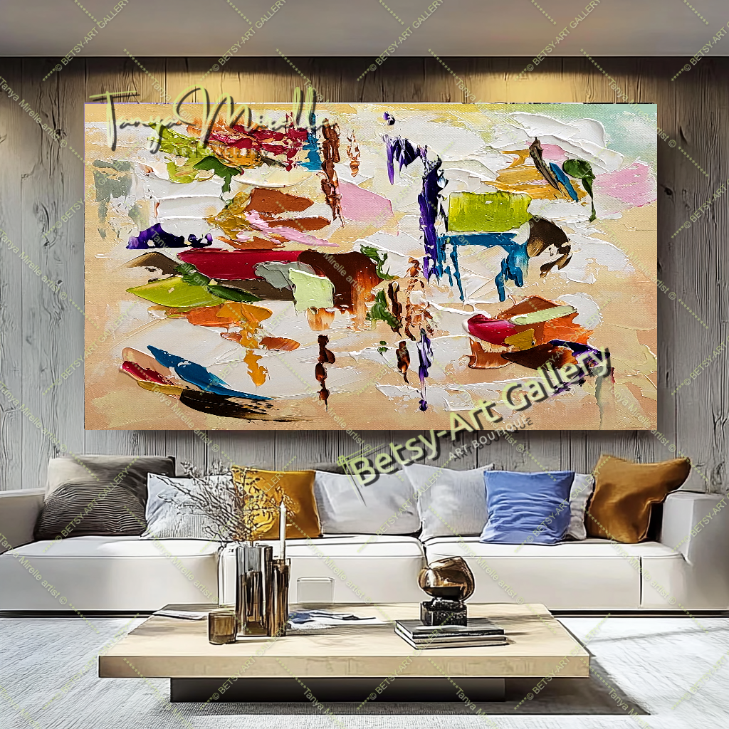 Modern Abstract Painting for Living Room - Colorful Oil Impasto Wall Art on Canvas