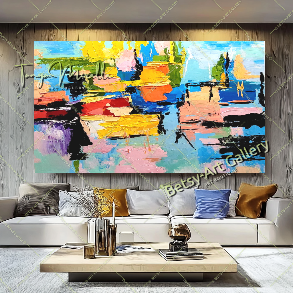 Grandes peintures abstraites pour le salon, peinture à l'huile impasto sur toile, art mural moderne coloré, peinture unique