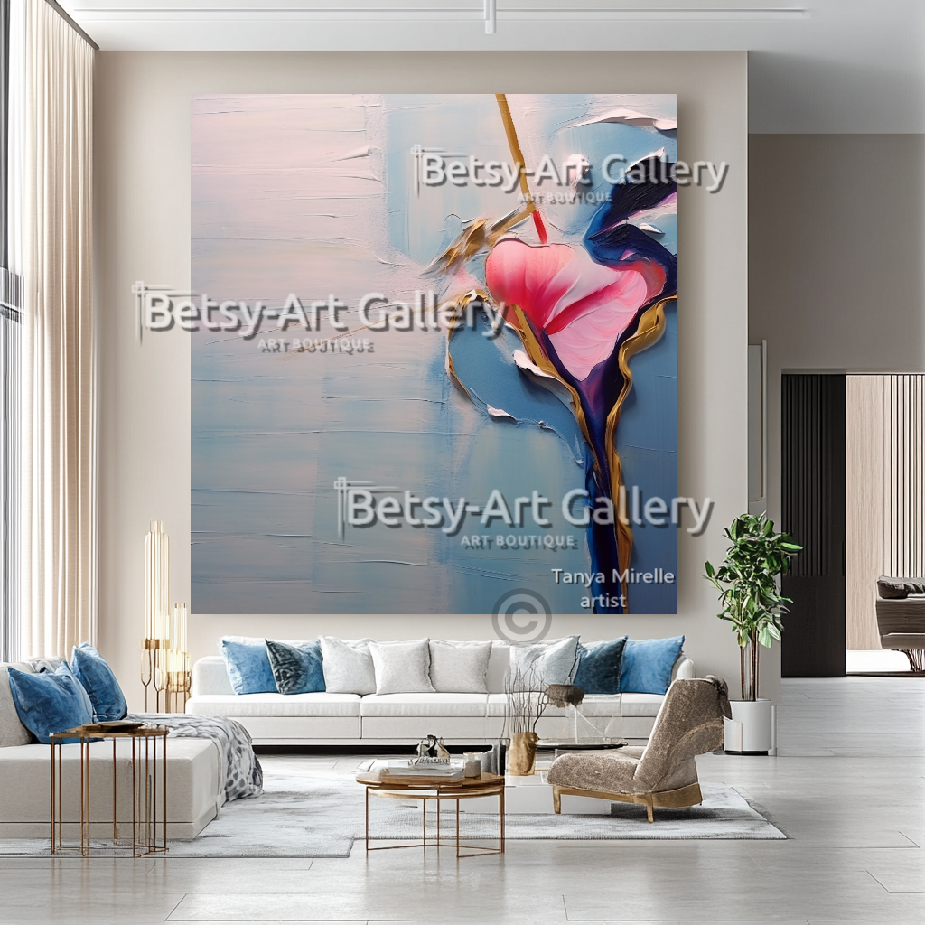 Minimalist Floral Oil Painting - Large Textured Abstract Wall Art #48