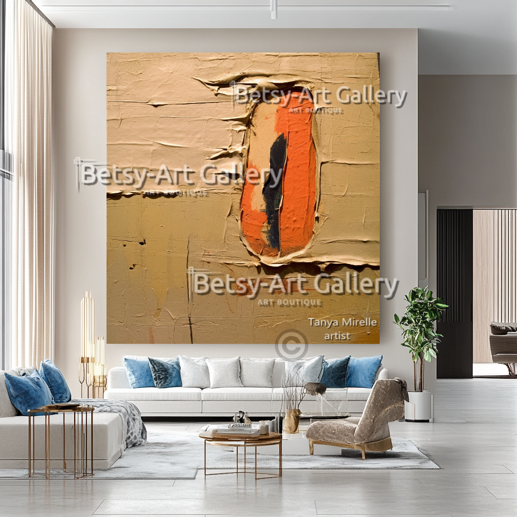 Terracotta Minimalist Oil Painting - Large Textured Abstract Wall Art #49