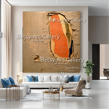 Terracotta Minimalist Oil Painting - Large Textured Abstract Wall Art #49
