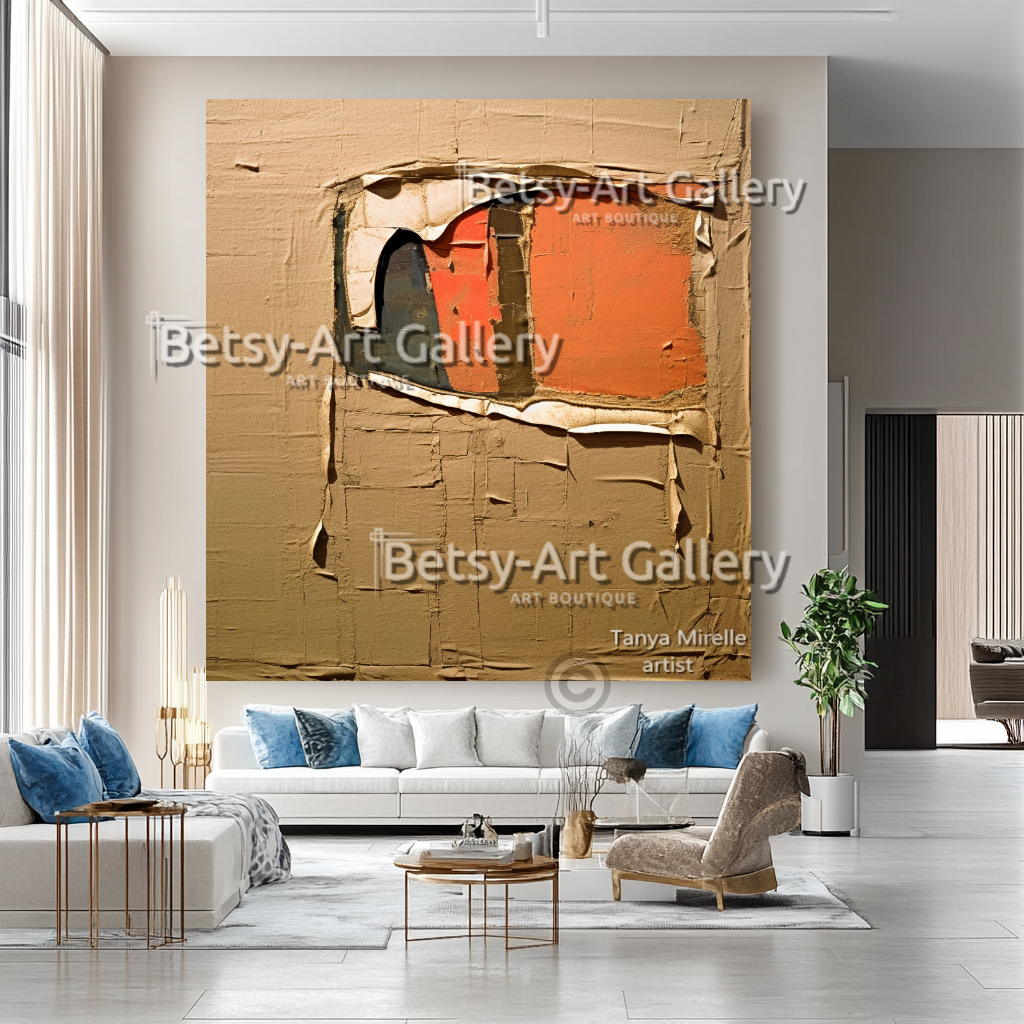 Terracotta Minimalist Oil Painting - Large Textured Abstract Wall Art #49