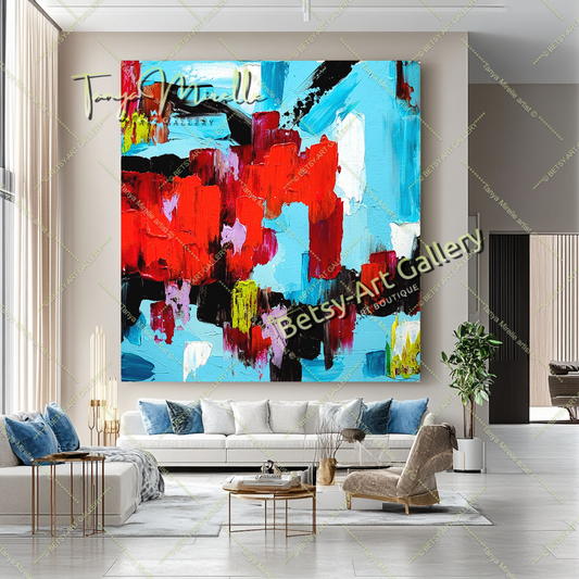 Red Blue Abstract Impasto Oil Painting on Canvas