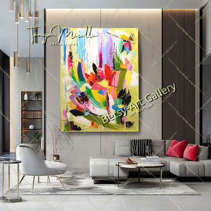 Peinture à l'huile abstraite vibrante sur toile - Œuvre d'art texturée moderne - Originale faite à la main pour le salon