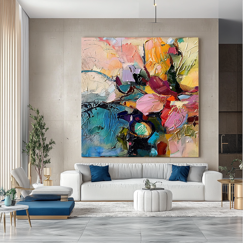 Vibrant Modern Floral Abstract Art - Impasto Oil Painting on Canvas - Colorful Wall Art – Large – Oil on Canvas – {{ product.title }} canvas artwork by Tanya Mirelle – modern wall decor – original artwork for home, living room, office, or gallery – original artwork by BETSY-ART GALLERY