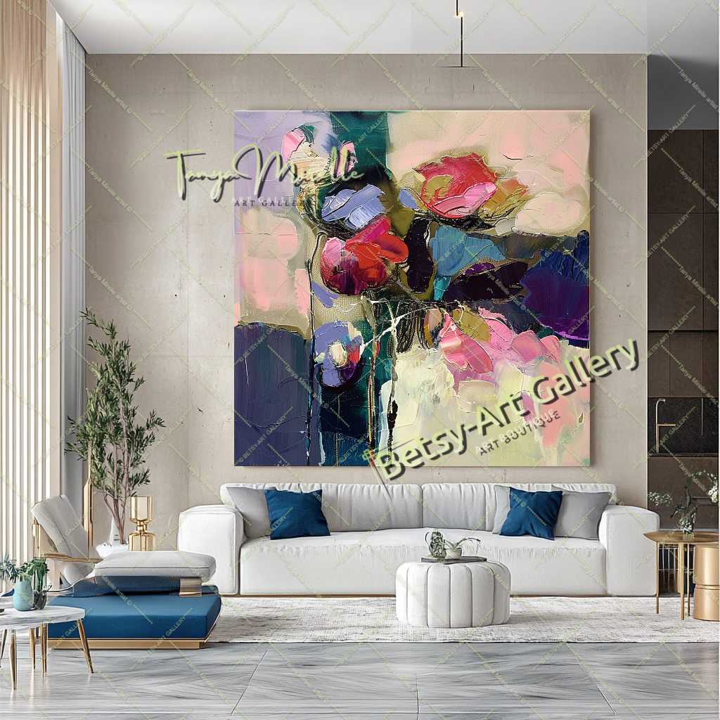 Purple Green Abstract Painting – Modern Floral Wall Art #158