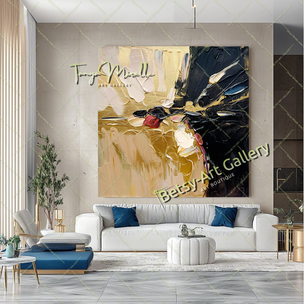 Gold Black Abstract Painting – Contemporaryl Wall Art #160 – Large – Oil on Canvas – {{ product.title }} canvas artwork by Tanya Mirelle – modern wall decor – original artwork for home, living room, office, or gallery – original artwork by BETSY-ART GALLERY