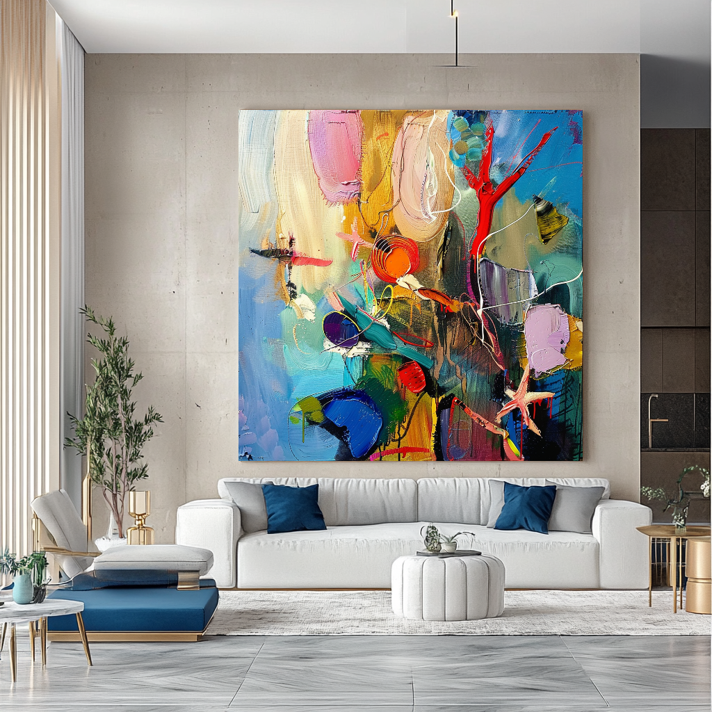 Abstract Underwater World Impasto Oil Painting - Starfish and Coral Coastal Art for Contemporary Spaces – Large – Oil on Canvas – {{ product.title }} canvas artwork by Tanya Mirelle – modern wall decor – original artwork for home, living room, office, or gallery – original artwork by BETSY-ART GALLERY