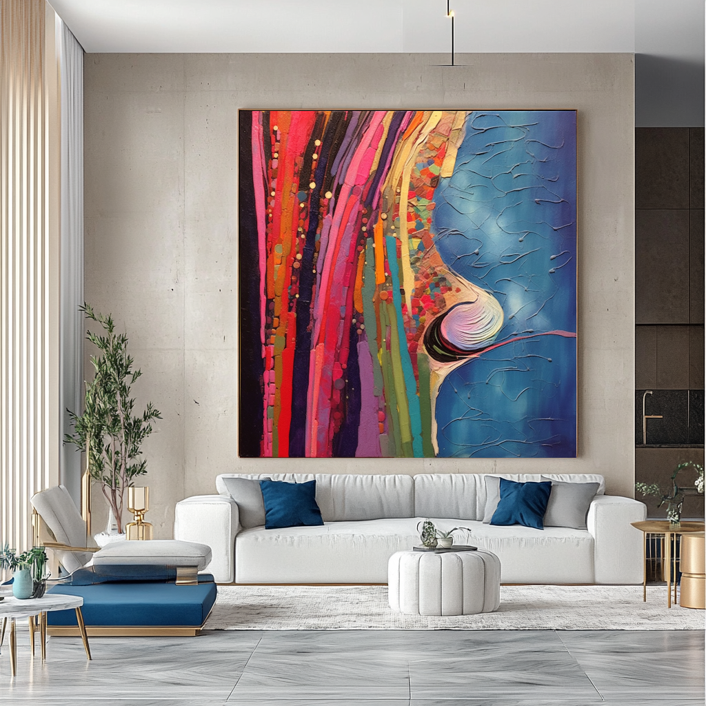 Blue Red Abstract Art - Modern Impasto Oil Painting on Canvas for Living Room, Office, Hotel – Large – Oil on Canvas – {{ product.title }} canvas artwork by Tanya Mirelle – modern wall decor – original artwork for home, living room, office, or gallery – original artwork by BETSY-ART GALLERY