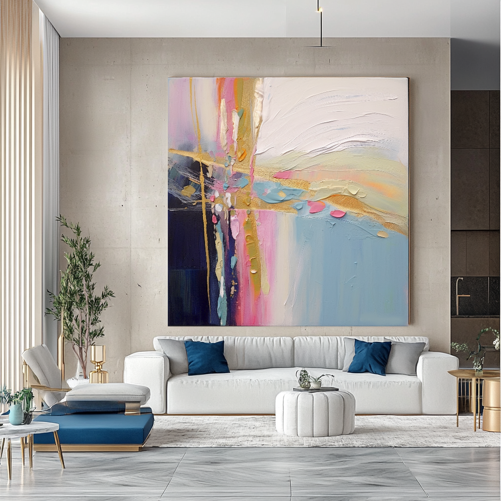 Pastel Blue Abstract Art - Modern Impasto Oil Painting on Canvas for Living Room, Office, Hotel