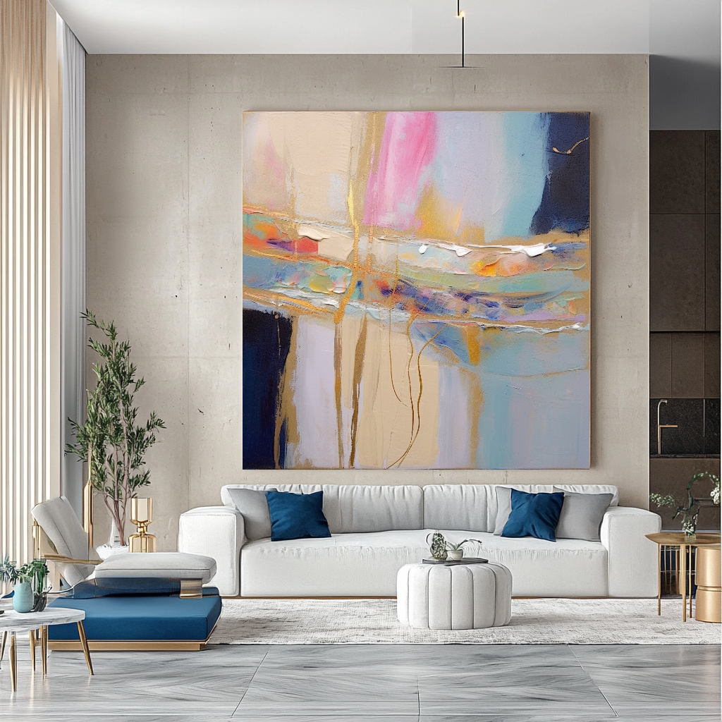 Pastel Blue Abstract Art - Modern Impasto Oil Painting on Canvas for Living Room, Office, Hotel
