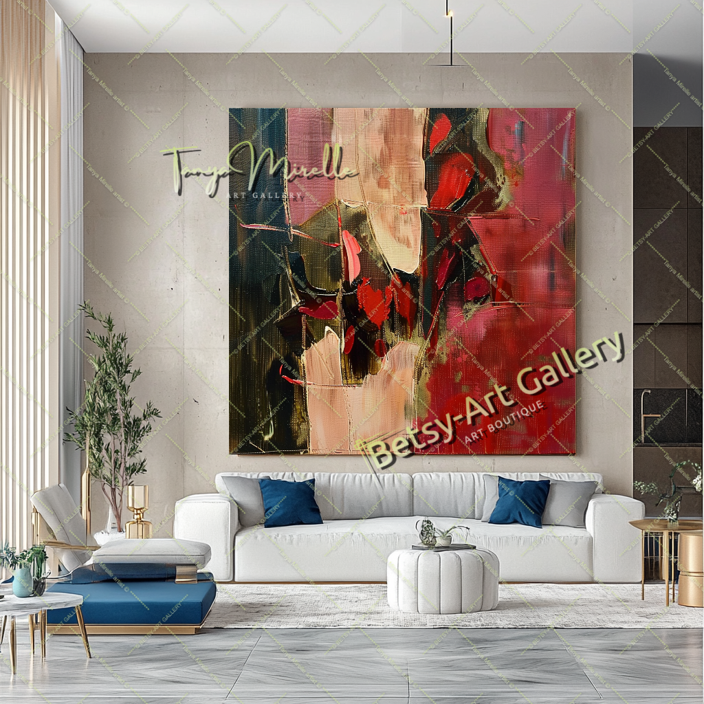 Bold Red Abstract Painting – Large Modern Wall Art #151 – Large – Oil on Canvas – {{ product.title }} canvas artwork by Tanya Mirelle – modern wall decor – original artwork for home, living room, office, or gallery – original artwork by BETSY-ART GALLERY